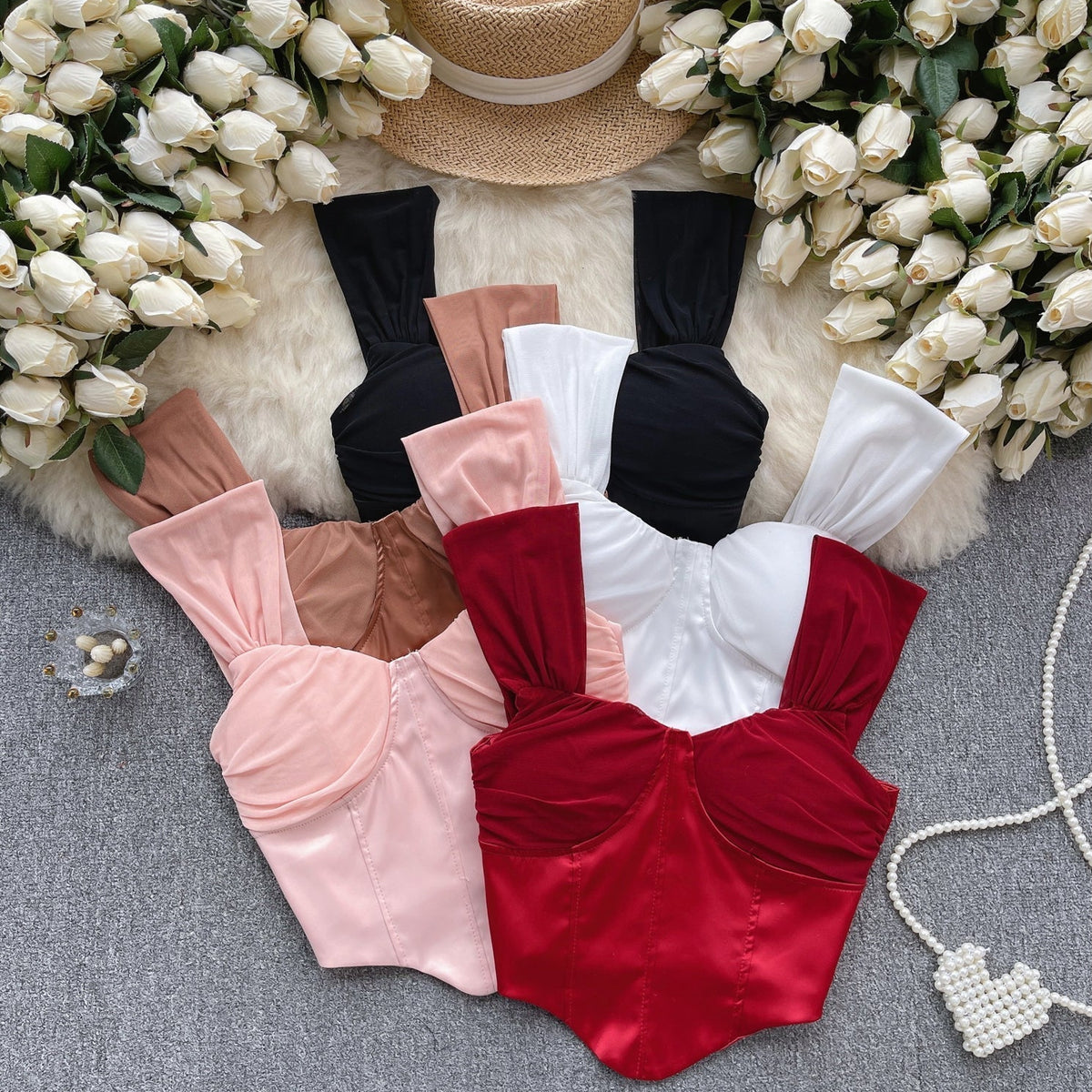 Mesh Patchwork Saten Dolgulu Askılı Bluz