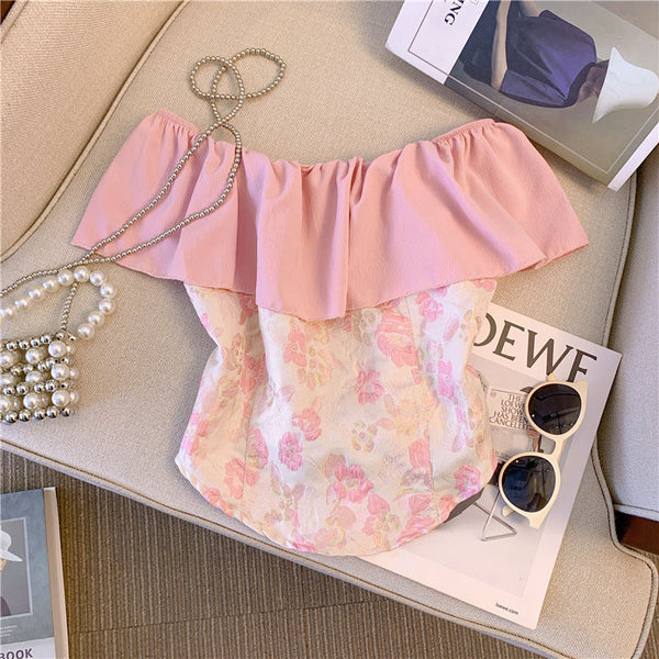 Tatlı Volanlı Çiçekli Off-shoulder Üst