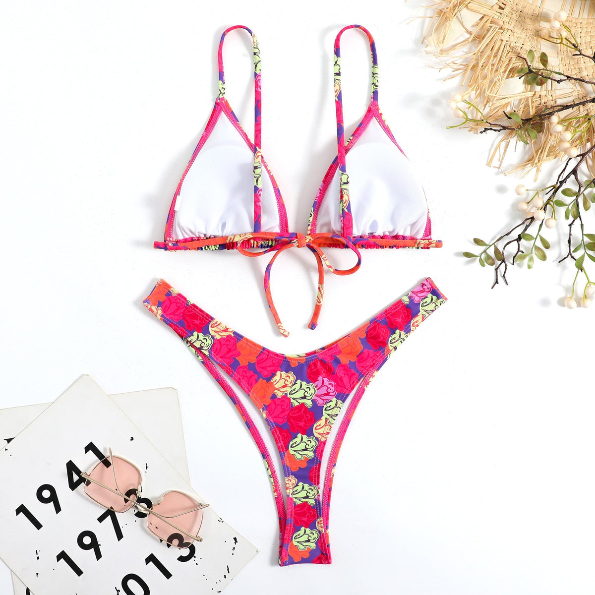 Renkli Çiçek Desenli Halter Bikini
