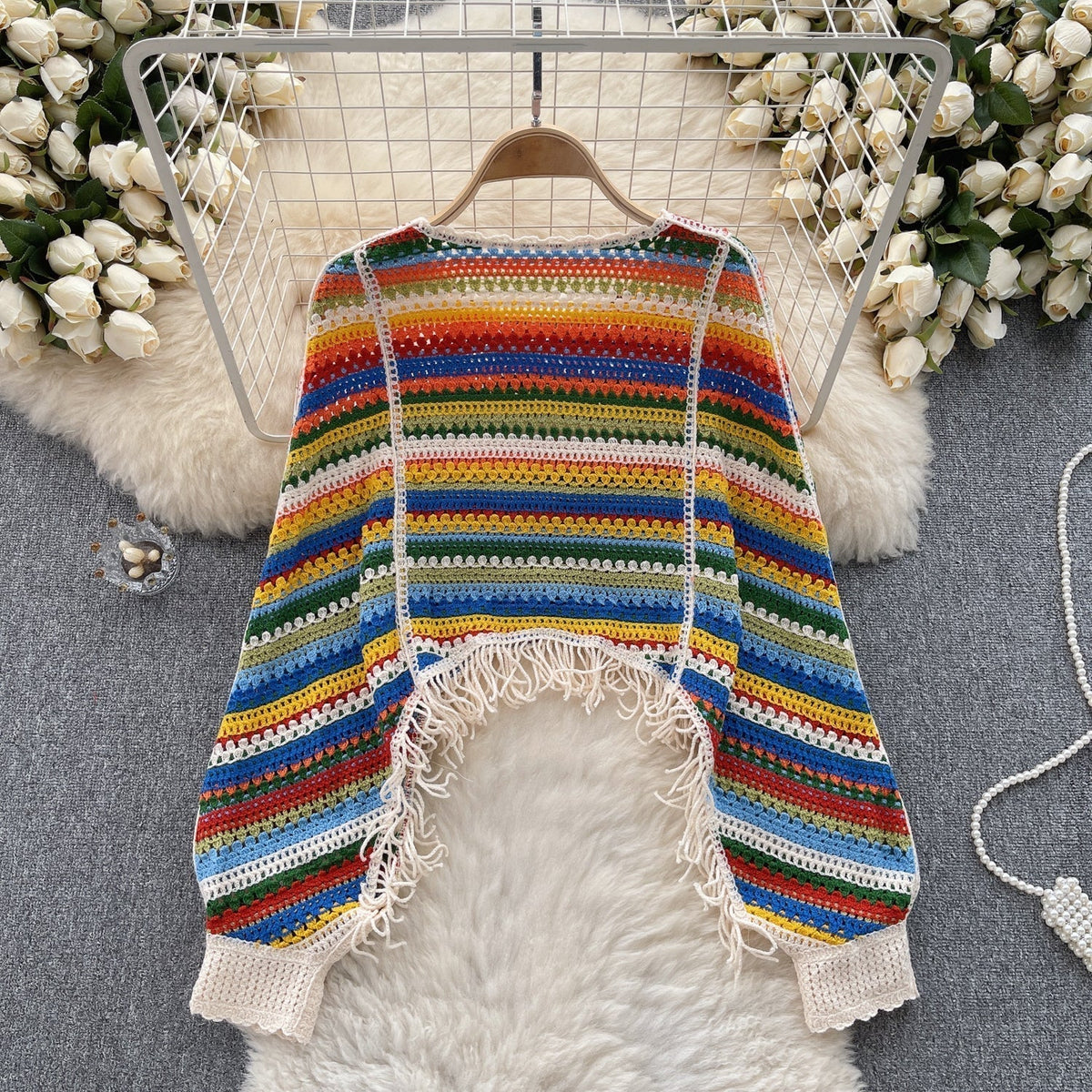Renkli Çizgili Boşaltılmış Fringed Triko