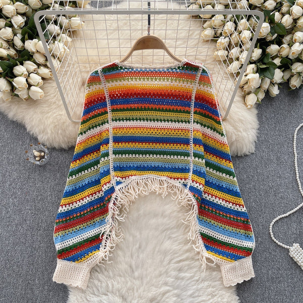 Renkli Çizgili Boşaltılmış Fringed Triko