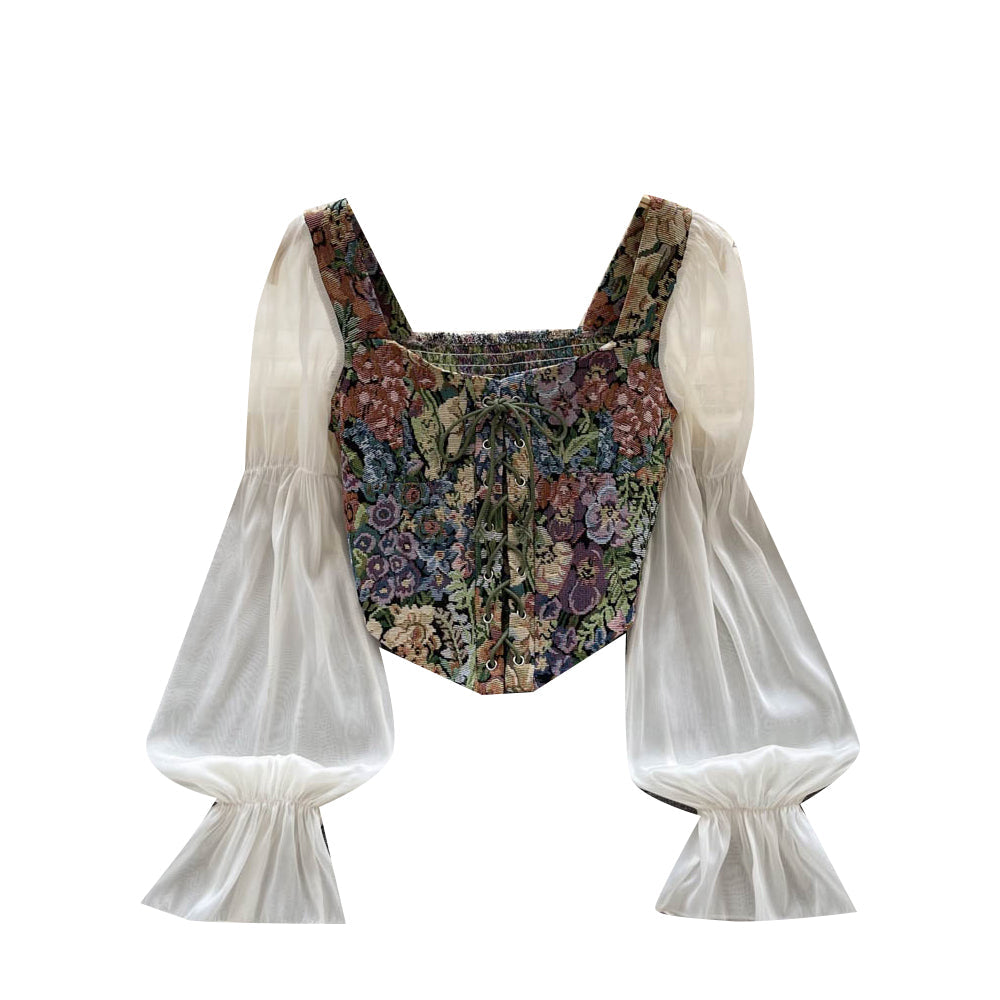 Yağlı Boya Baskılı Dantel Patchwork Üst