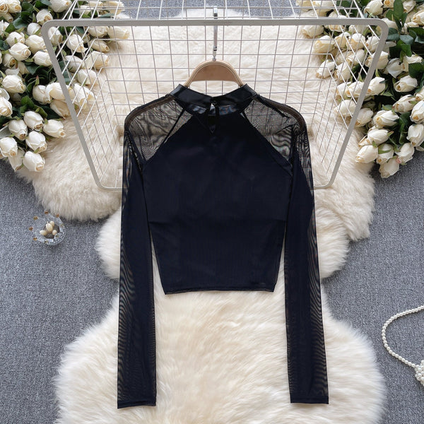 Ağı Mesh Patchwork PU Midriff Açık Üst