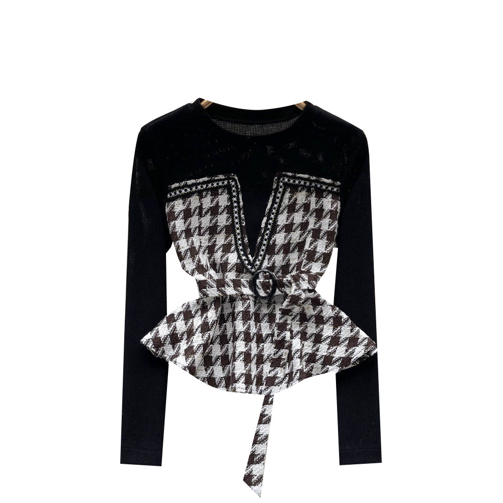 Şık Houndstooth Renk Bloklama Üst