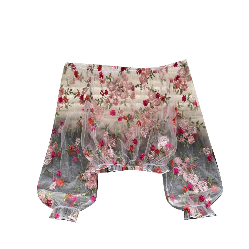Off-shoulder Çiçek Nakışlı Dantel Bluz