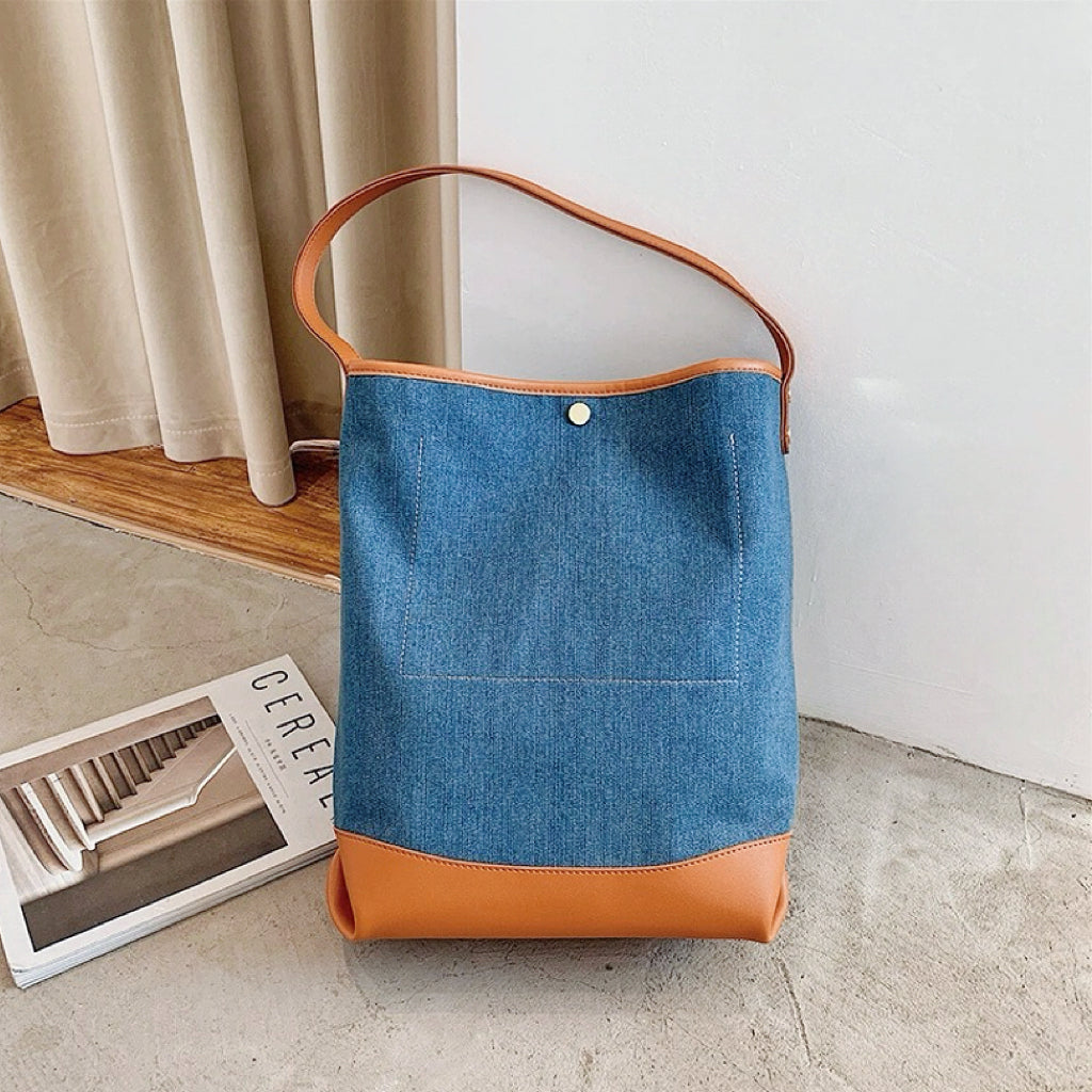 Denim Patchwork Görünümlü Bucket Çanta