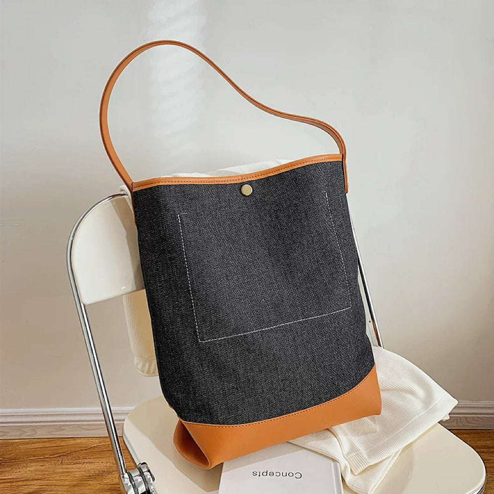 Denim Patchwork Görünümlü Bucket Çanta