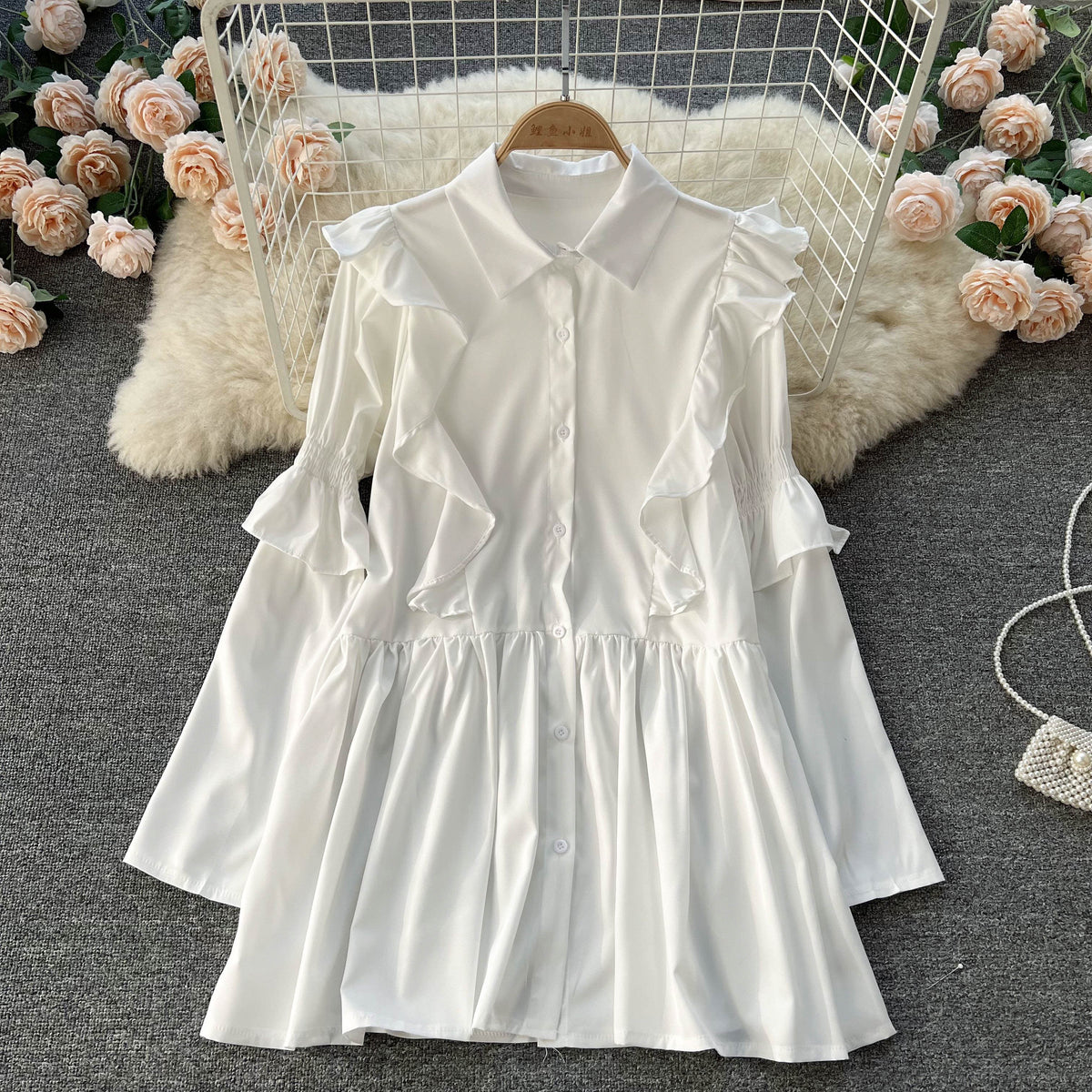 Volanlı Elbise & PU Deri Korse İki Parça Set