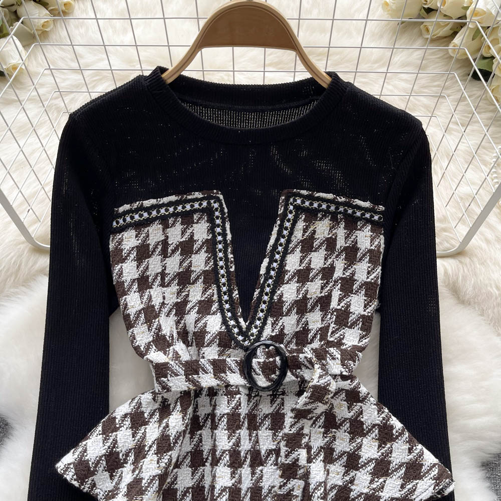 Şık Houndstooth Renk Bloklama Üst