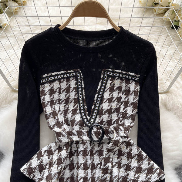 Şık Houndstooth Renk Bloklama Üst
