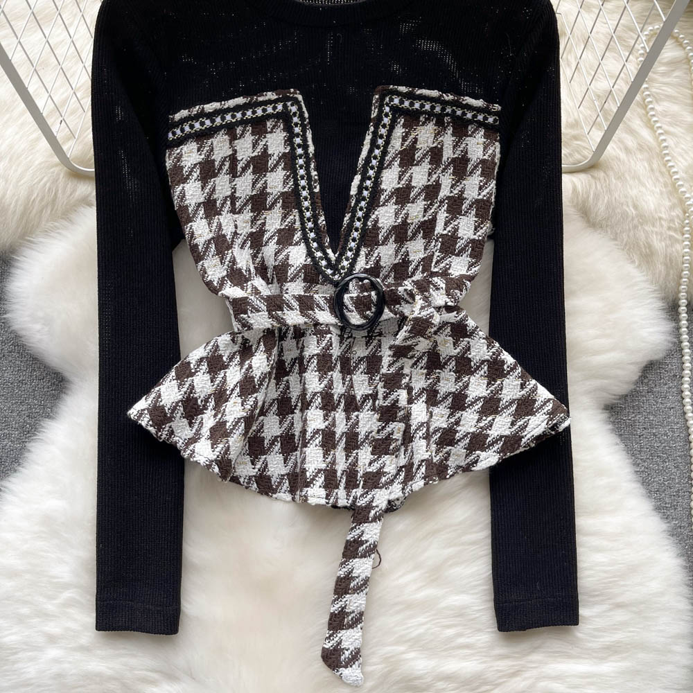 Şık Houndstooth Renk Bloklama Üst