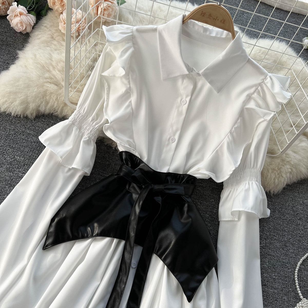 Volanlı Elbise & PU Deri Korse İki Parça Set
