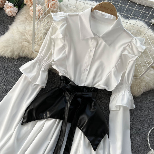 Volanlı Elbise & PU Deri Korse İki Parça Set