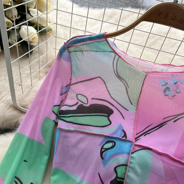 Niş Örgü Patchwork Renkli Baskılı Gömlek