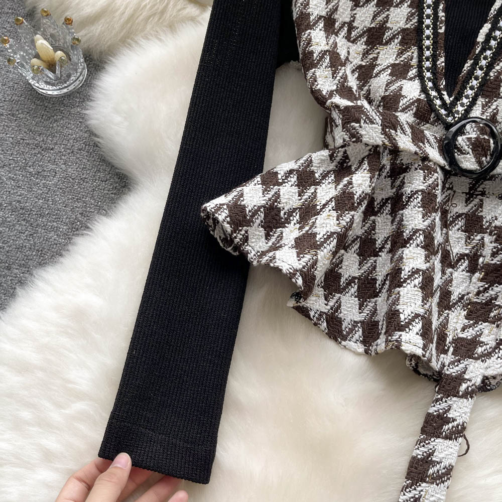 Şık Houndstooth Renk Bloklama Üst