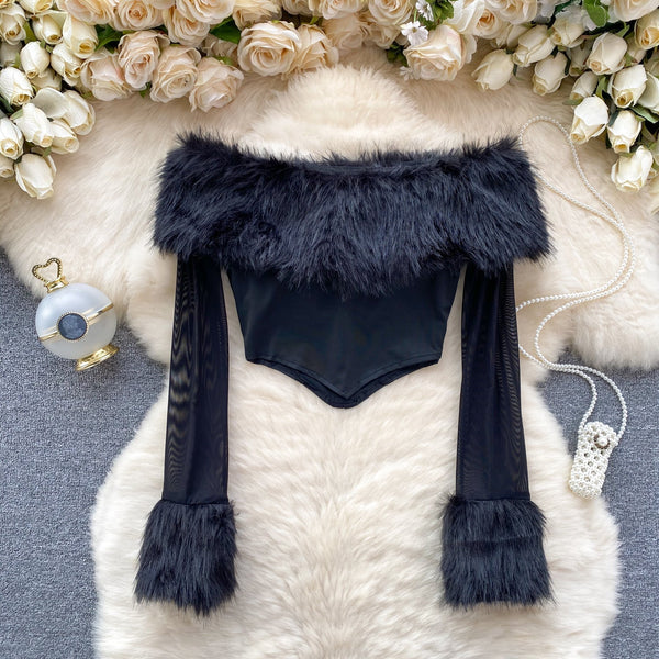 Kabarık Manşet Off-shoulder Siyah Üst