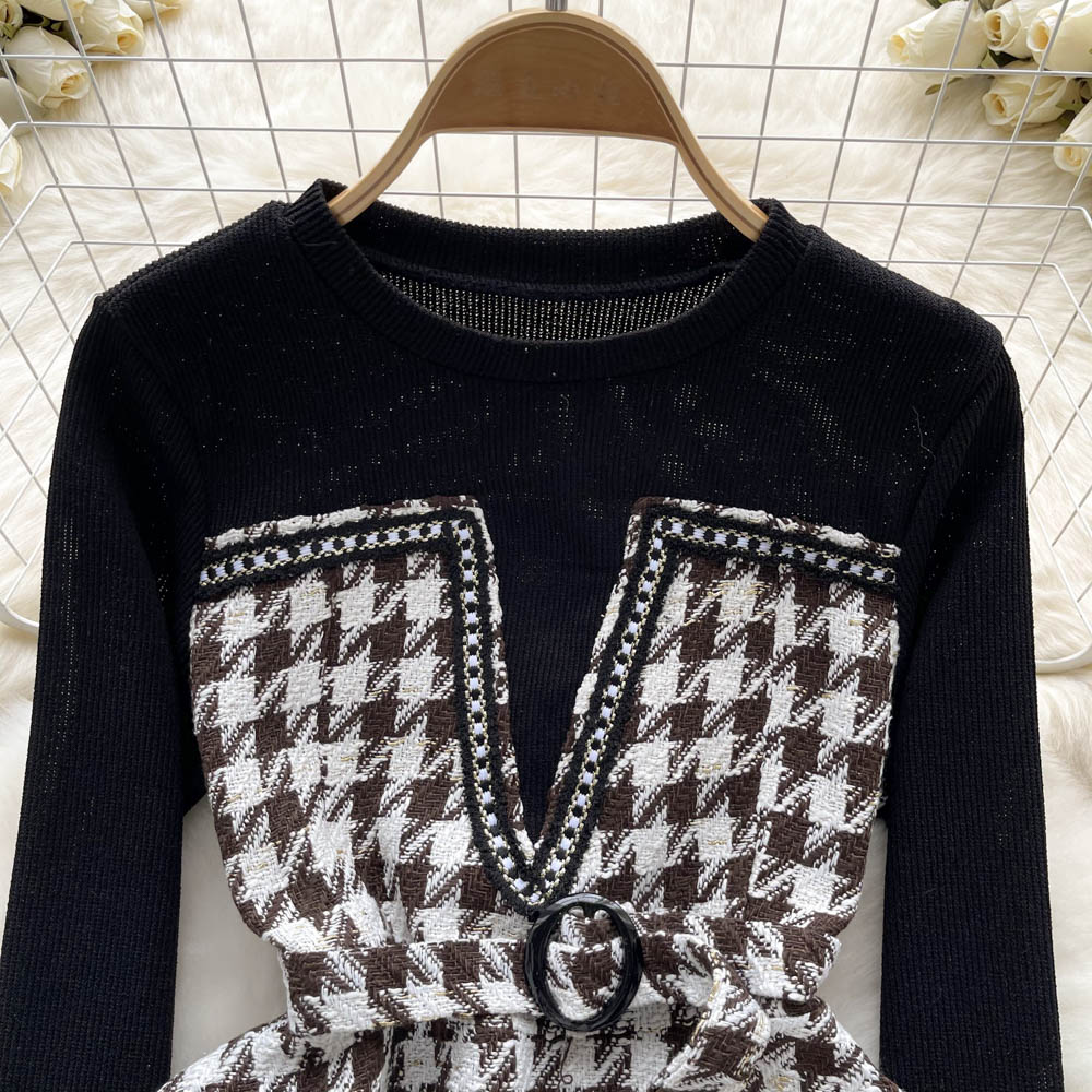 Şık Houndstooth Renk Bloklama Üst