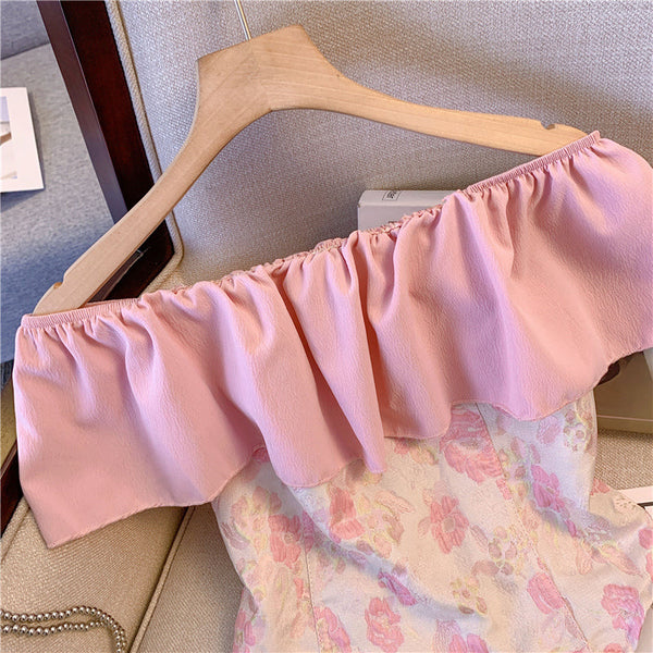 Tatlı Volanlı Çiçekli Off-shoulder Üst