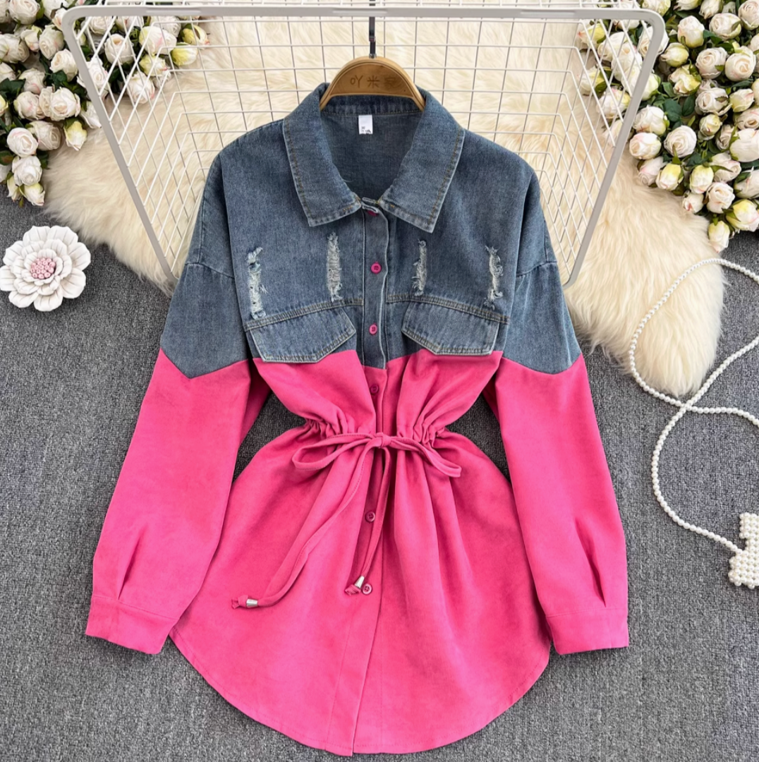 Renk Çatışan Denim Patchwork Gömlek