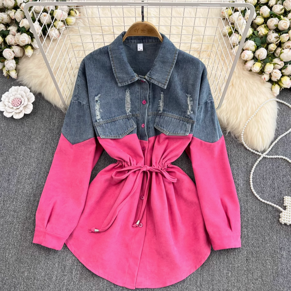 Renk Çatışan Denim Patchwork Gömlek