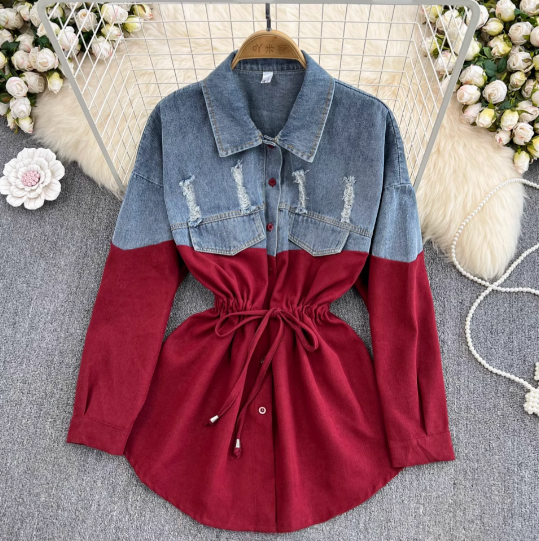 Renk Çatışan Denim Patchwork Gömlek