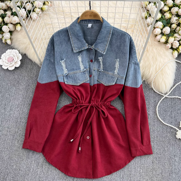 Renk Çatışan Denim Patchwork Gömlek