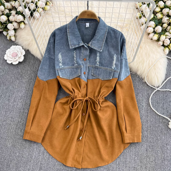 Renk Çatışan Denim Patchwork Gömlek