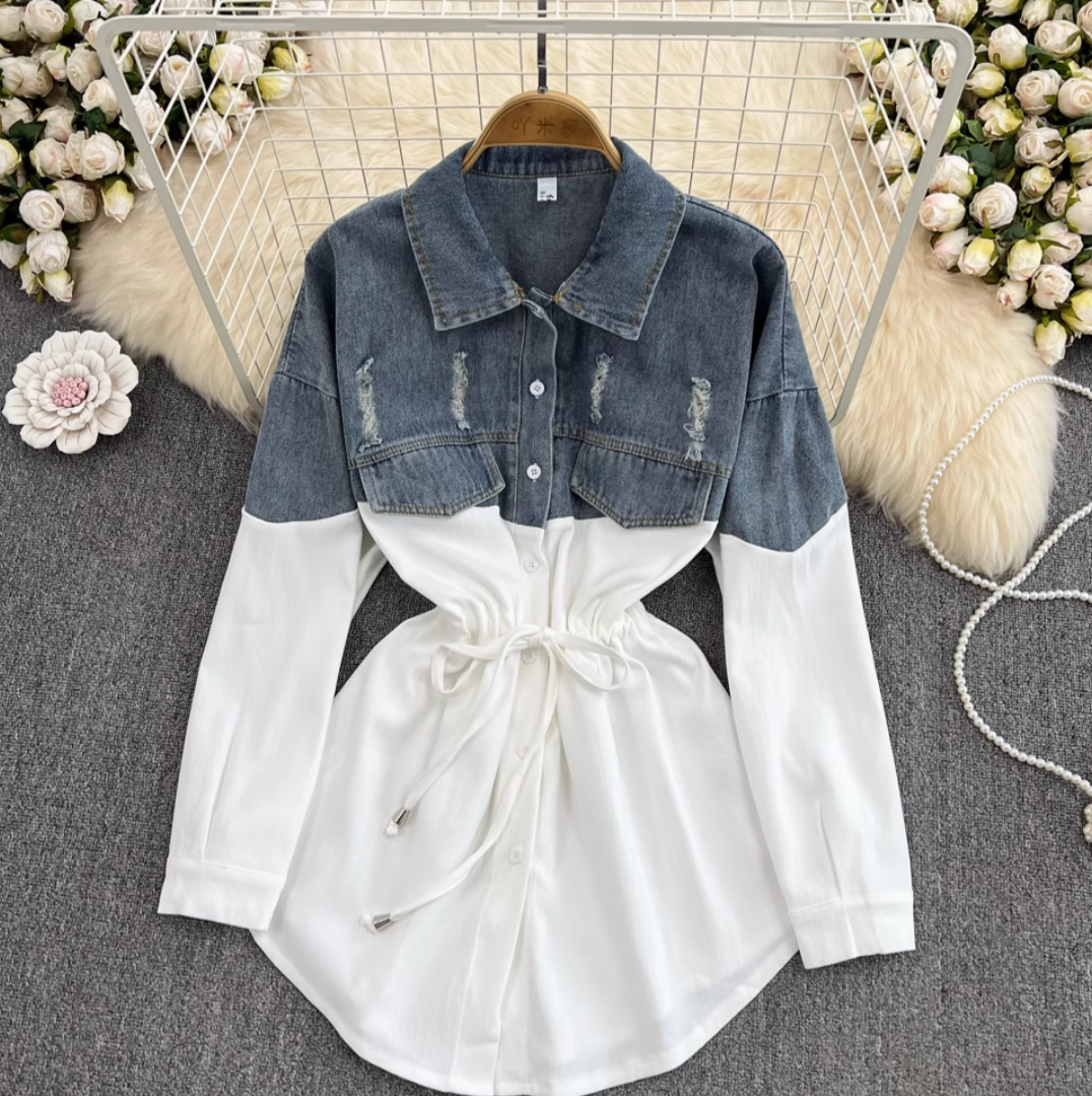 Renk Çatışan Denim Patchwork Gömlek