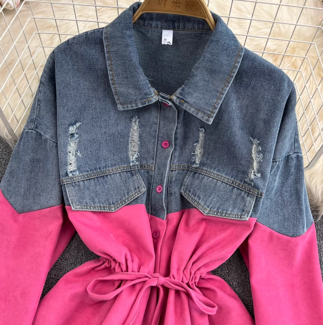 Renk Çatışan Denim Patchwork Gömlek