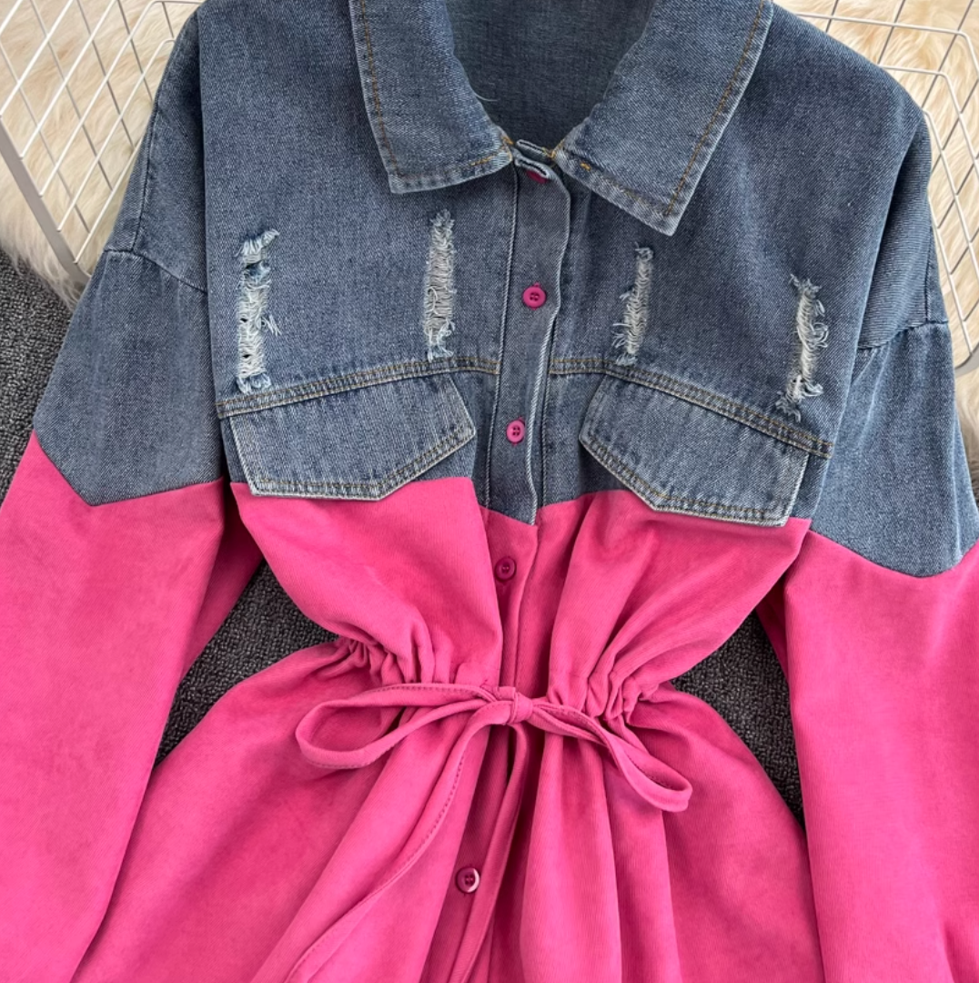 Renk Çatışan Denim Patchwork Gömlek