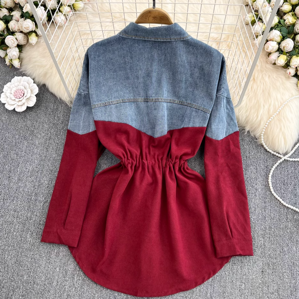 Renk Çatışan Denim Patchwork Gömlek