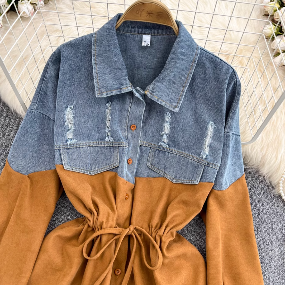 Renk Çatışan Denim Patchwork Gömlek