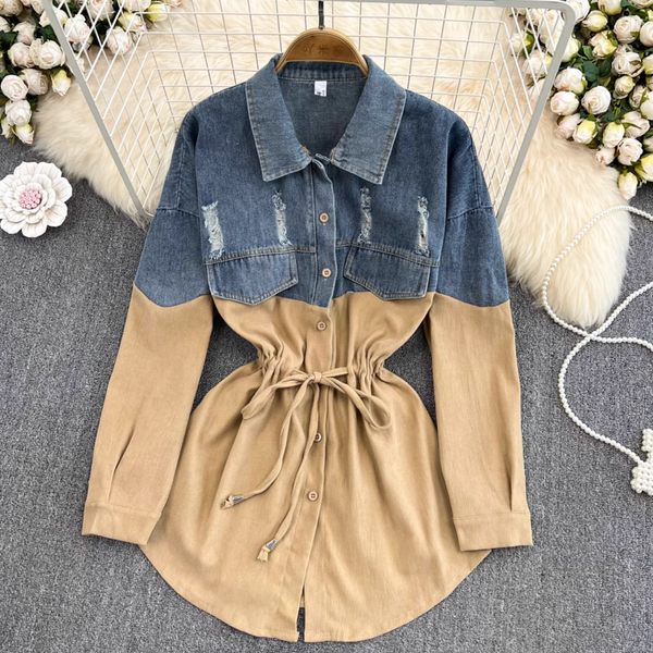 Renk Çatışan Denim Patchwork Gömlek