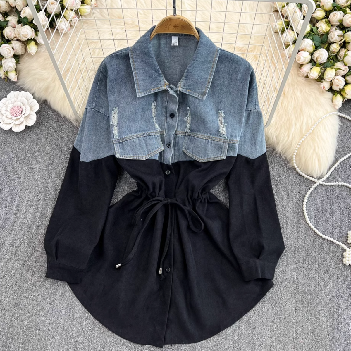 Renk Çatışan Denim Patchwork Gömlek
