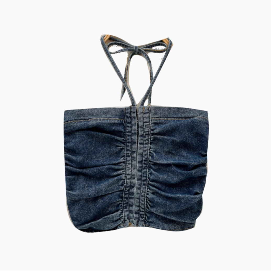 Vintage Denim Plise Askılı Üst