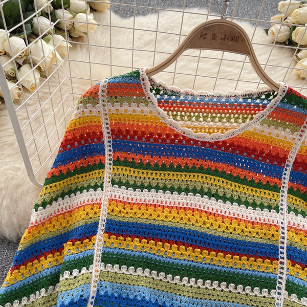 Renkli Çizgili Boşaltılmış Fringed Triko