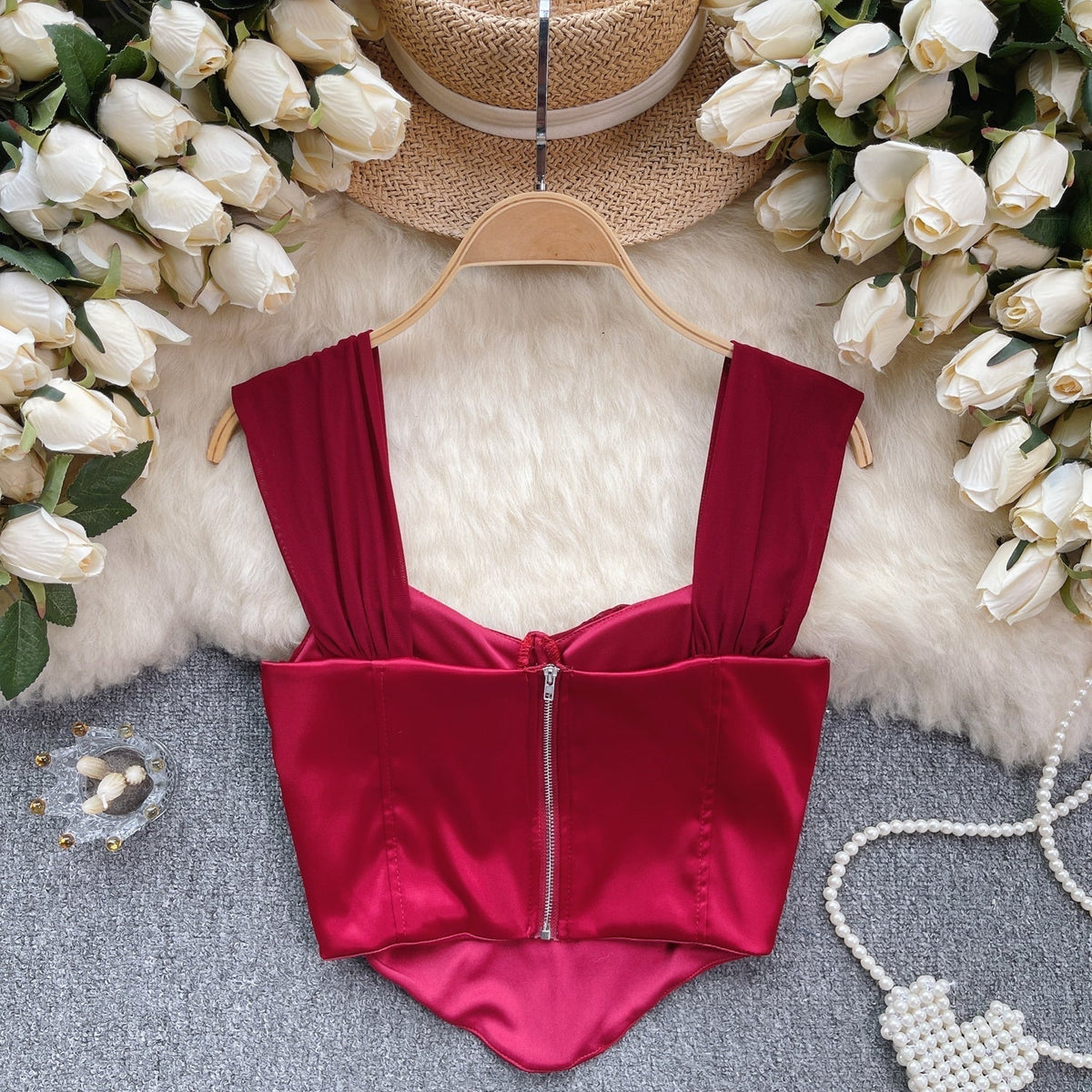 Mesh Patchwork Saten Dolgulu Askılı Bluz