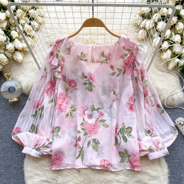 Tatlı Ruffled Şifon Çiçekli Bluz