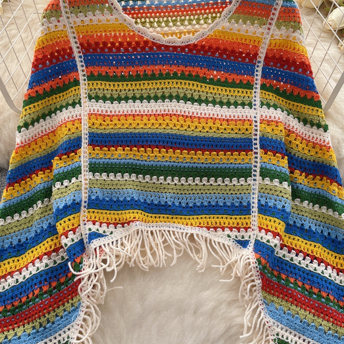 Renkli Çizgili Boşaltılmış Fringed Triko
