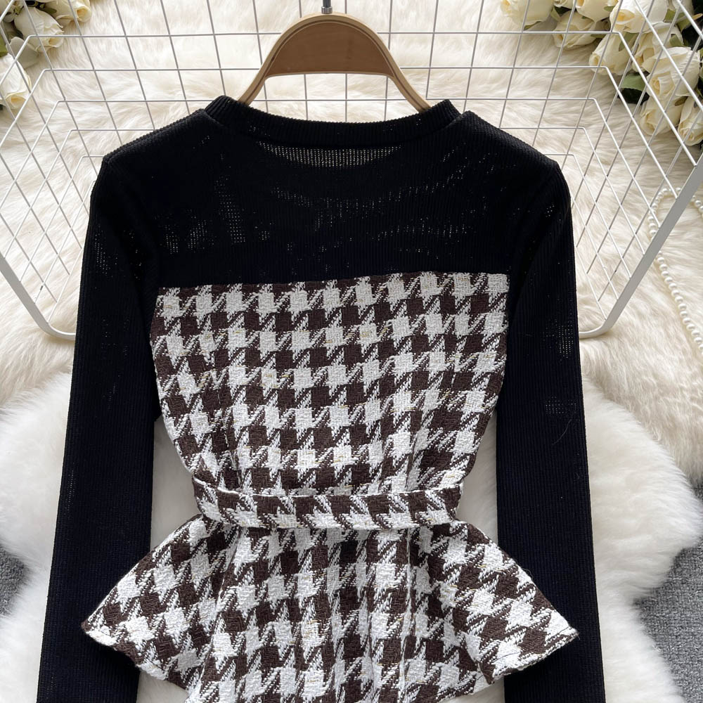 Şık Houndstooth Renk Bloklama Üst
