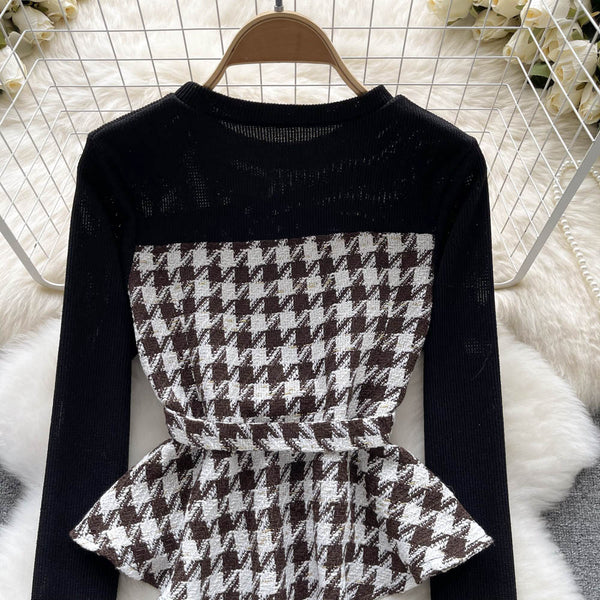 Şık Houndstooth Renk Bloklama Üst