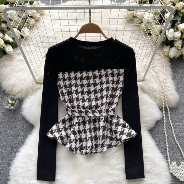 Şık Houndstooth Renk Bloklama Üst
