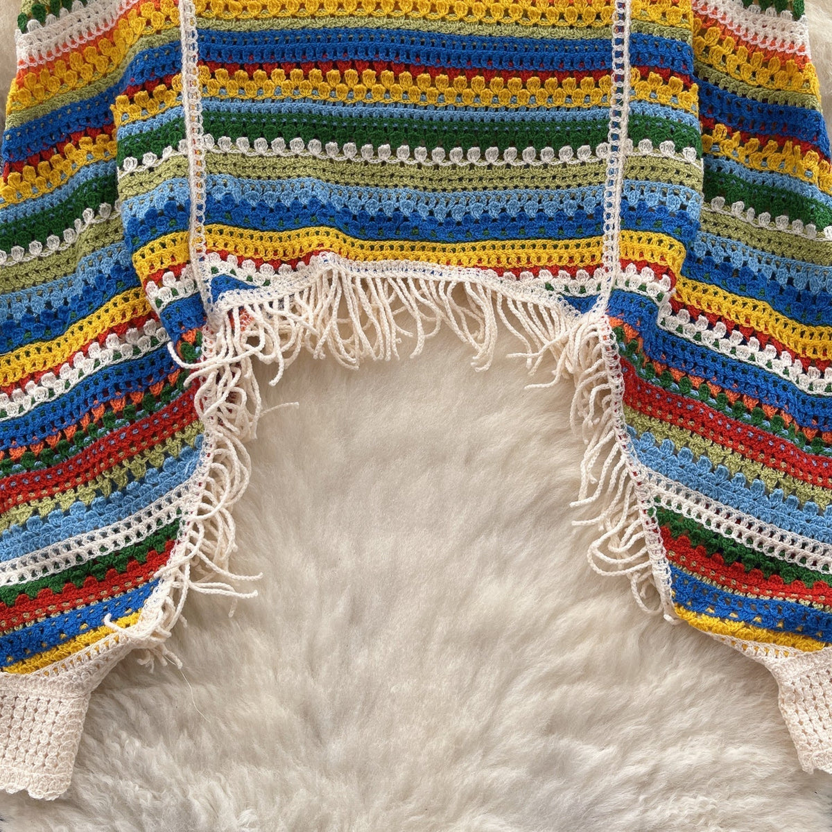 Renkli Çizgili Boşaltılmış Fringed Triko