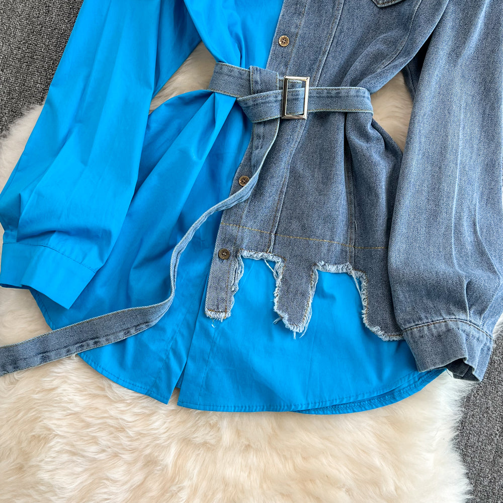 Vintage Çeşitli Renkli Denim Gömlek Bel Lastiği ile