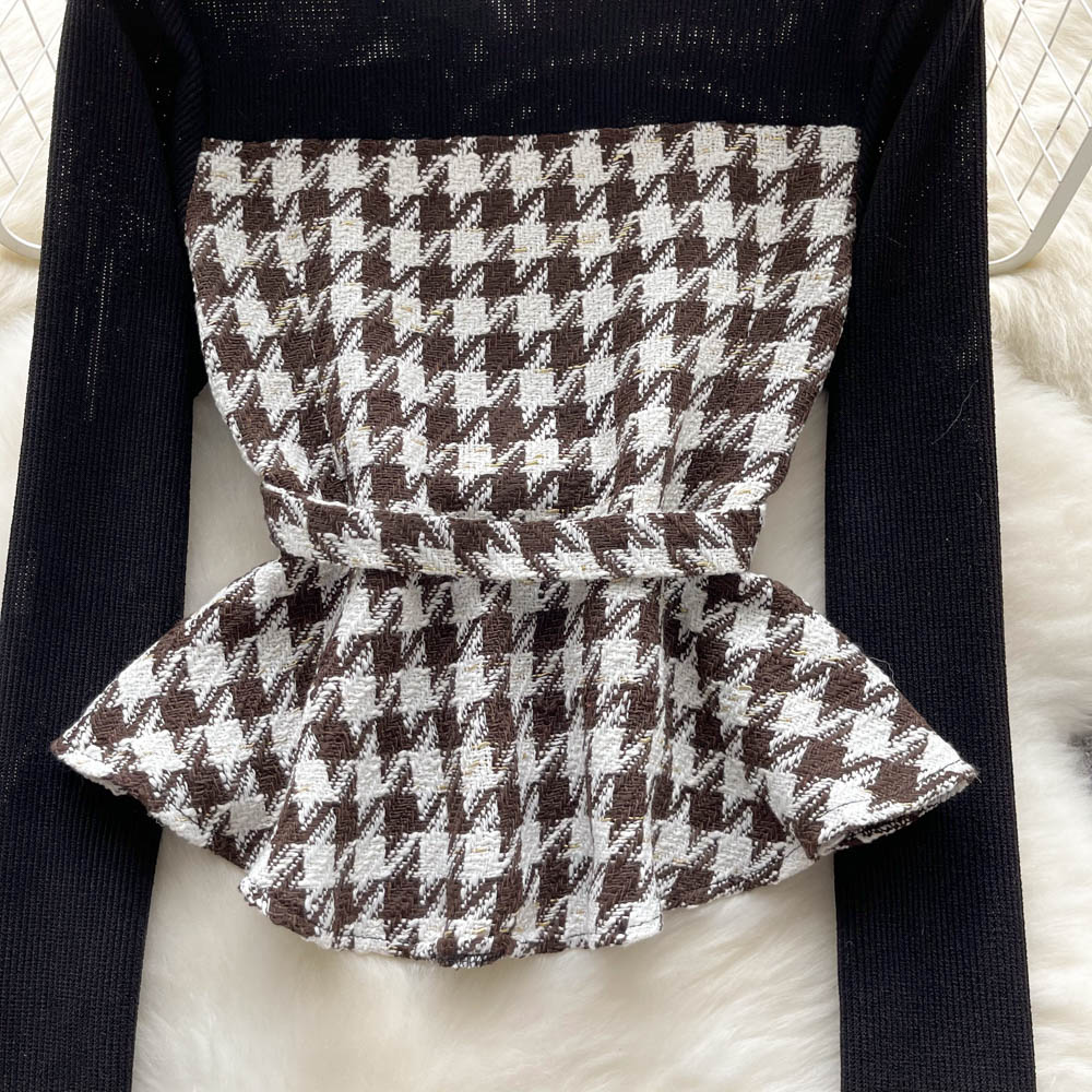 Şık Houndstooth Renk Bloklama Üst