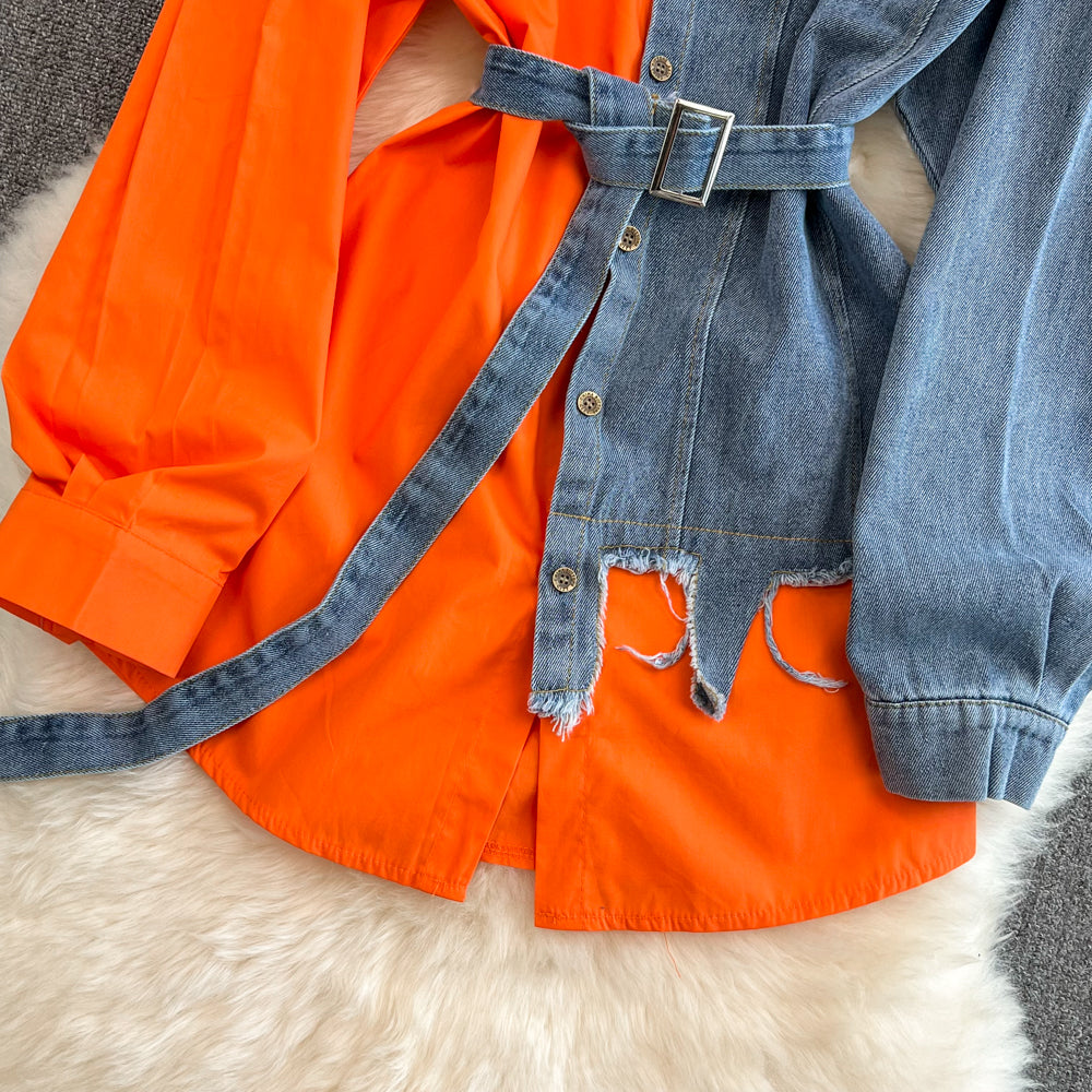 Vintage Çeşitli Renkli Denim Gömlek Bel Lastiği ile