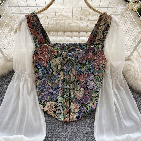 Yağlı Boya Baskılı Dantel Patchwork Üst