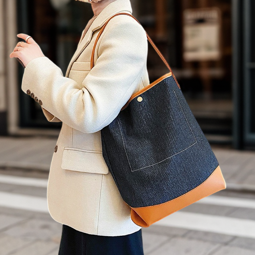 Denim Patchwork Görünümlü Bucket Çanta