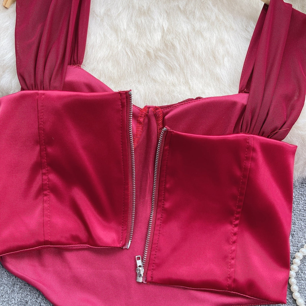 Mesh Patchwork Saten Dolgulu Askılı Bluz