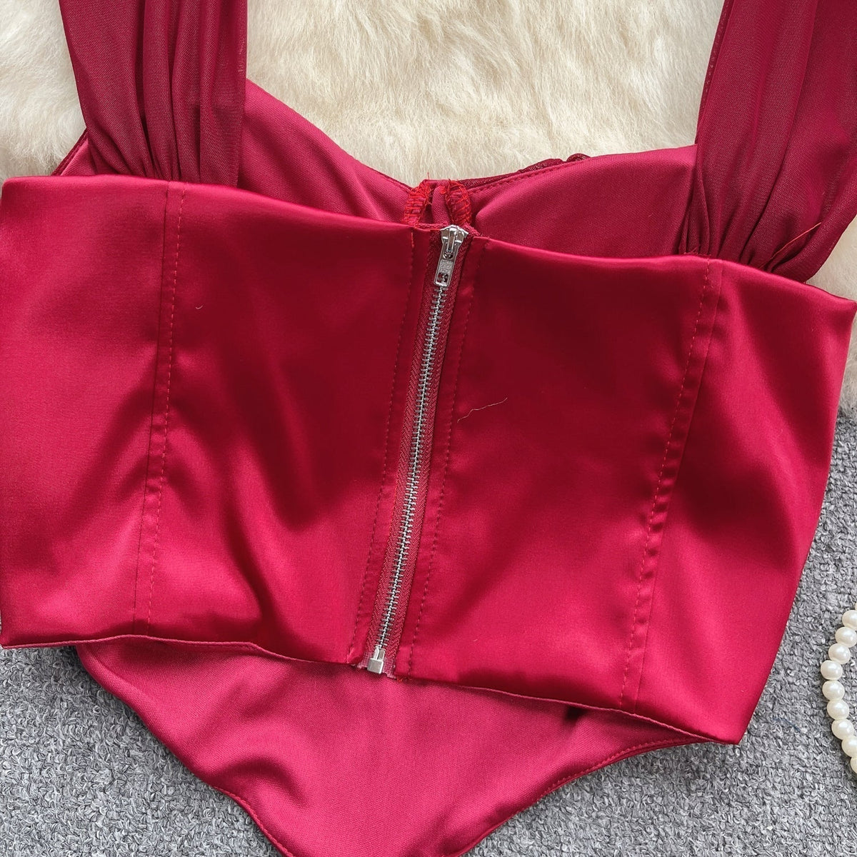 Mesh Patchwork Saten Dolgulu Askılı Bluz